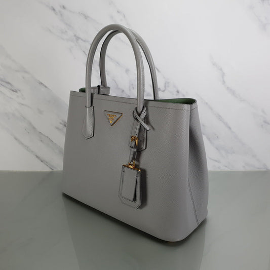 Prada Double Medium Saffiano Cuir Granito and Acquamarina - Grey and Blue / Green Handbag