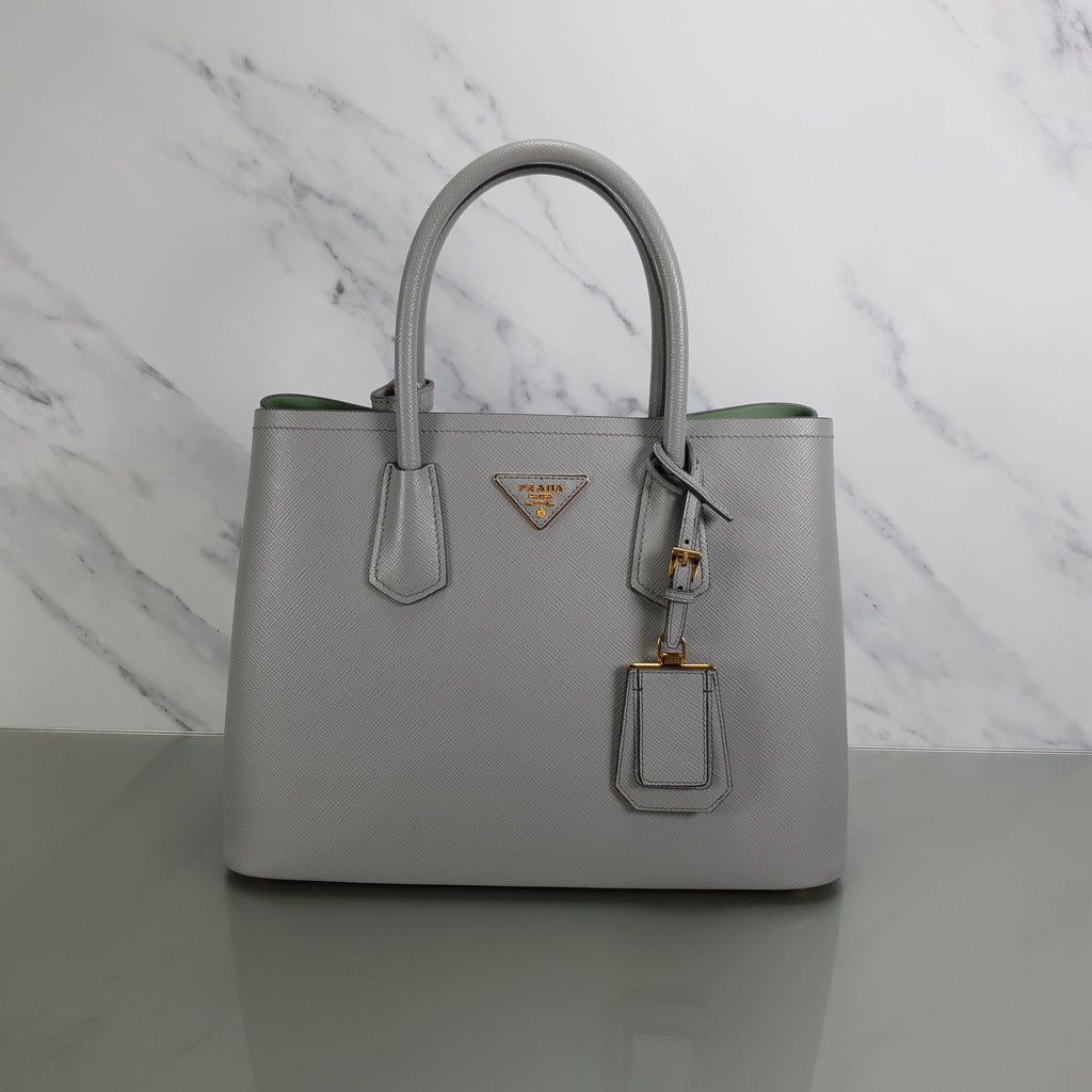 Prada Double Medium Saffiano Cuir Granito and Acquamarina - Grey and Blue / Green Handbag