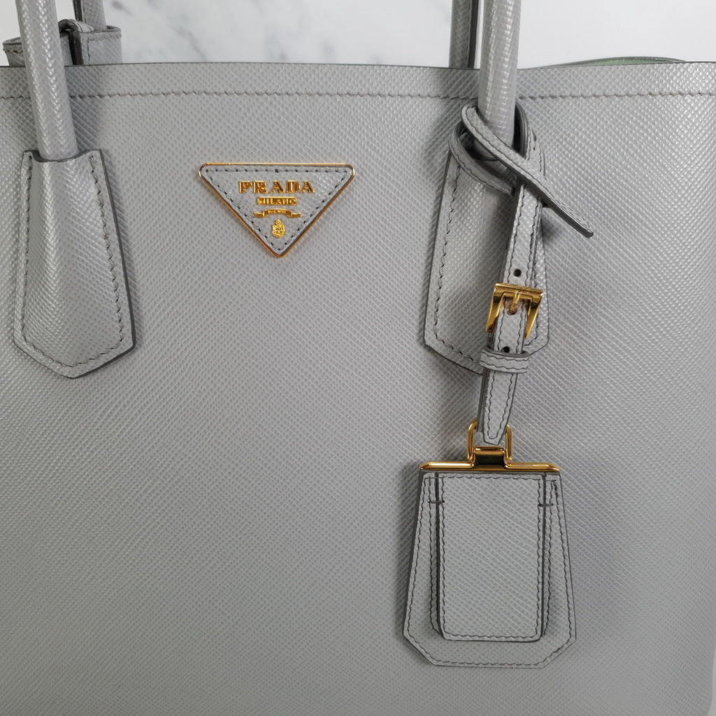 Prada Double Medium Saffiano Cuir Granito and Acquamarina - Grey and Blue / Green Handbag