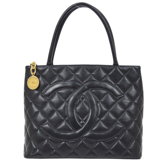 CHANEL 1997-1999 Black Caviar Medallion Tote 81167