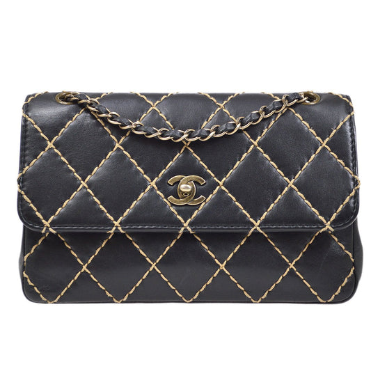 CHANEL Wild Stitch Classic Single Flap Shoulder Bag Black Calfskin 71487