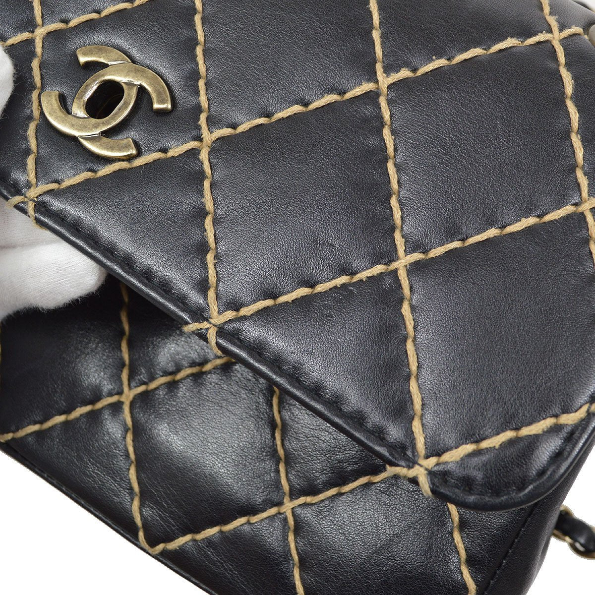 CHANEL Wild Stitch Classic Single Flap Shoulder Bag Black Calfskin 71487