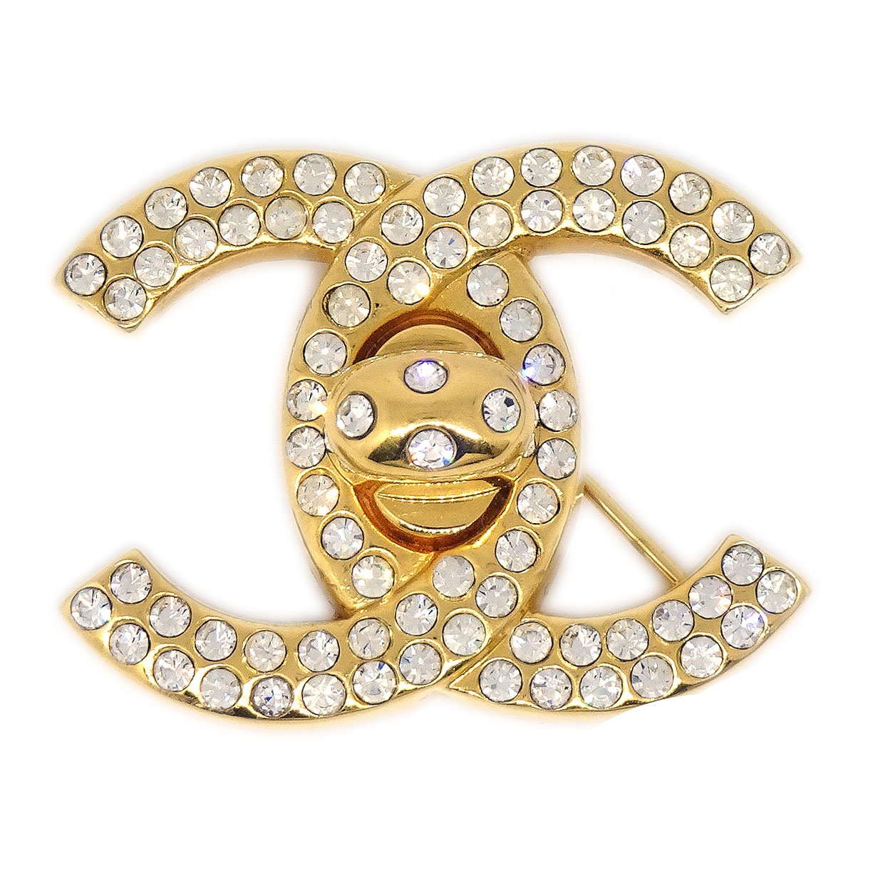 CHANEL★ 1996 Gold & Crystal CC Turnlock Brooch Small 51025