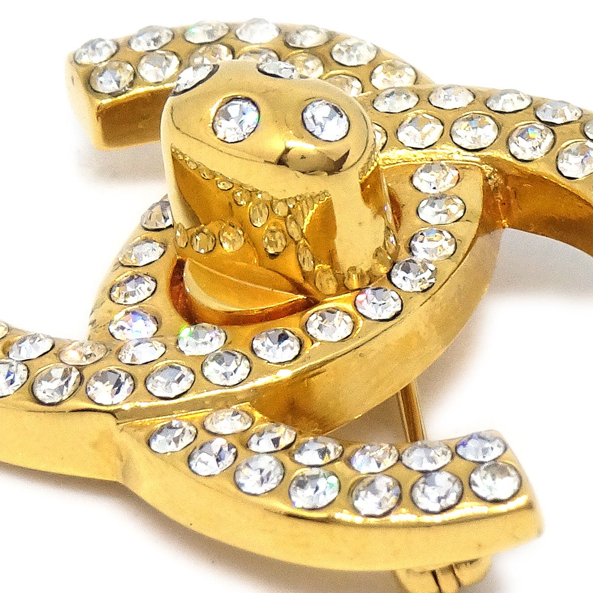 CHANEL★ 1996 Gold & Crystal CC Turnlock Brooch Small 51025