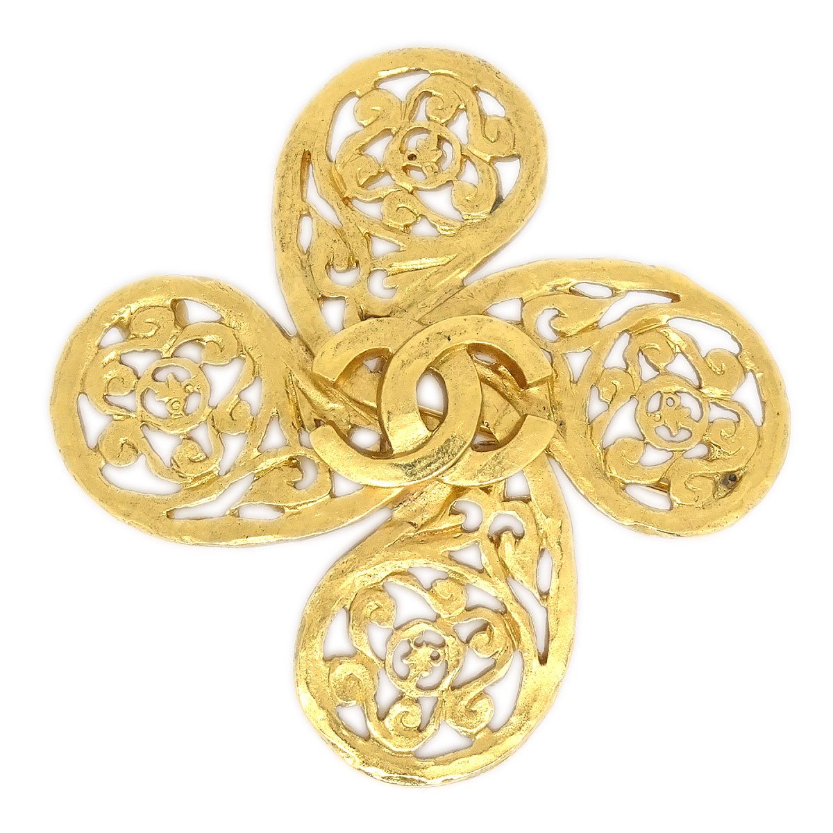 CHANEL★ 1995 Fretwork Paisley Brooch Gold 38918