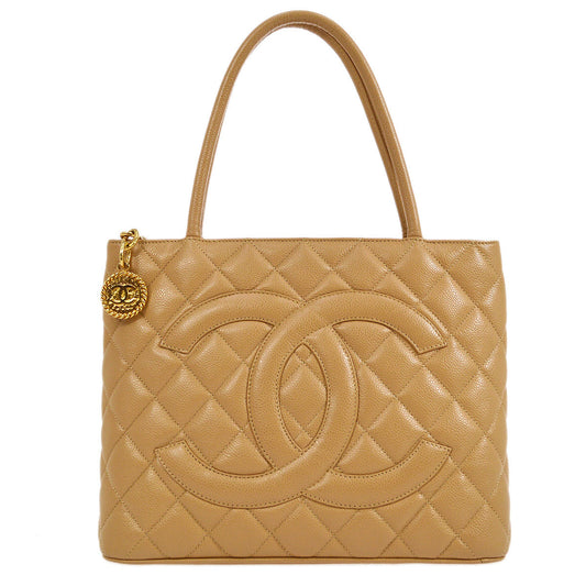 CHANEL 2003-2004 Beige Caviar Medallion Tote