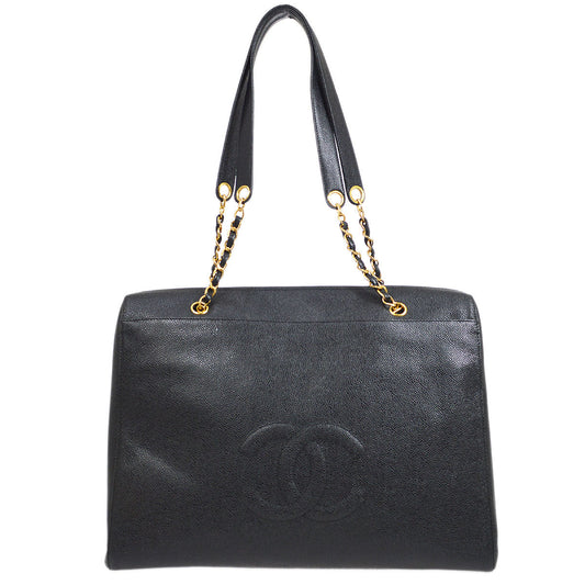 CHANEL 1997-1999 Timeless Zipper Top Tote 40 Black Caviar