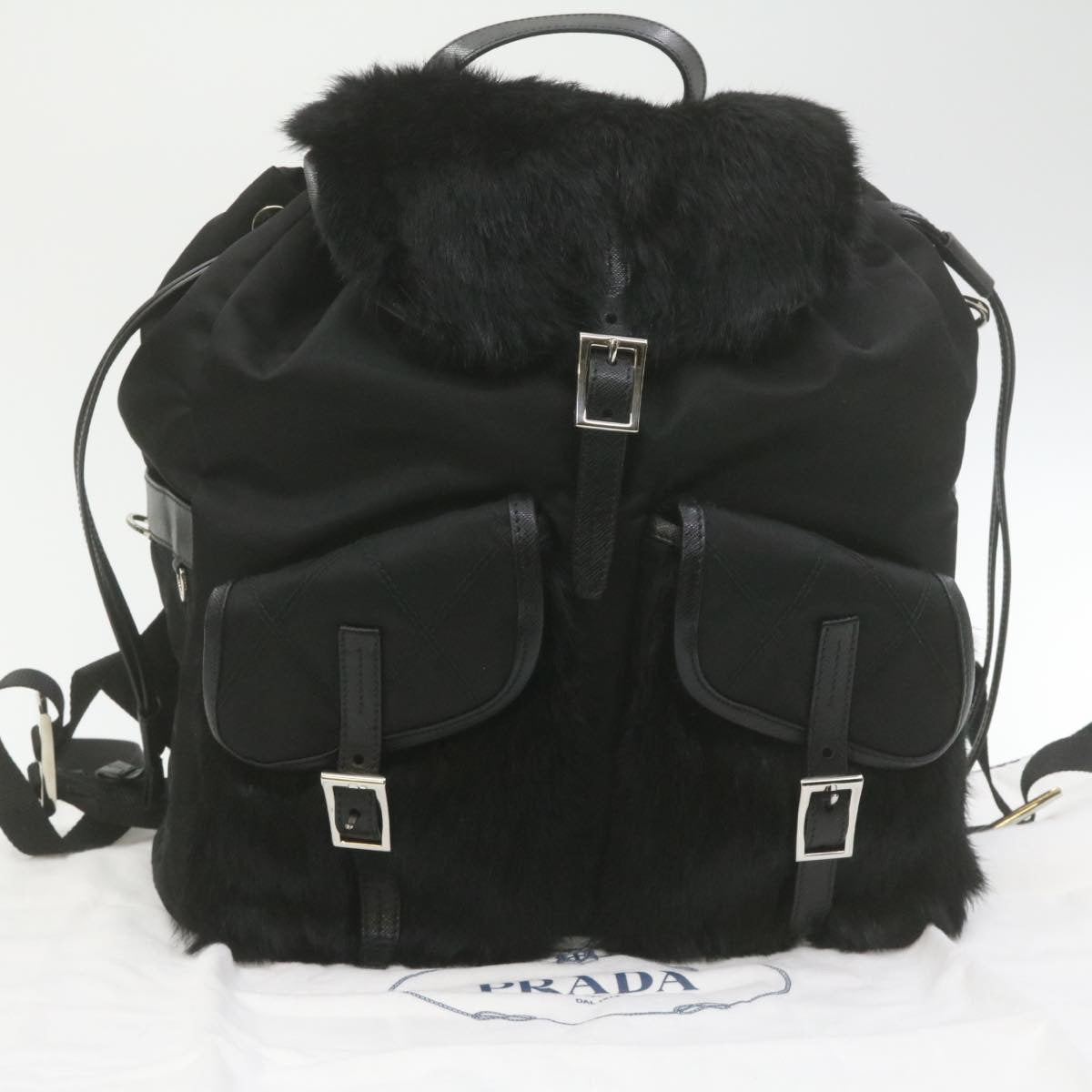 PRADA Nylon Fur Backpack Black 2VZ015  21454A