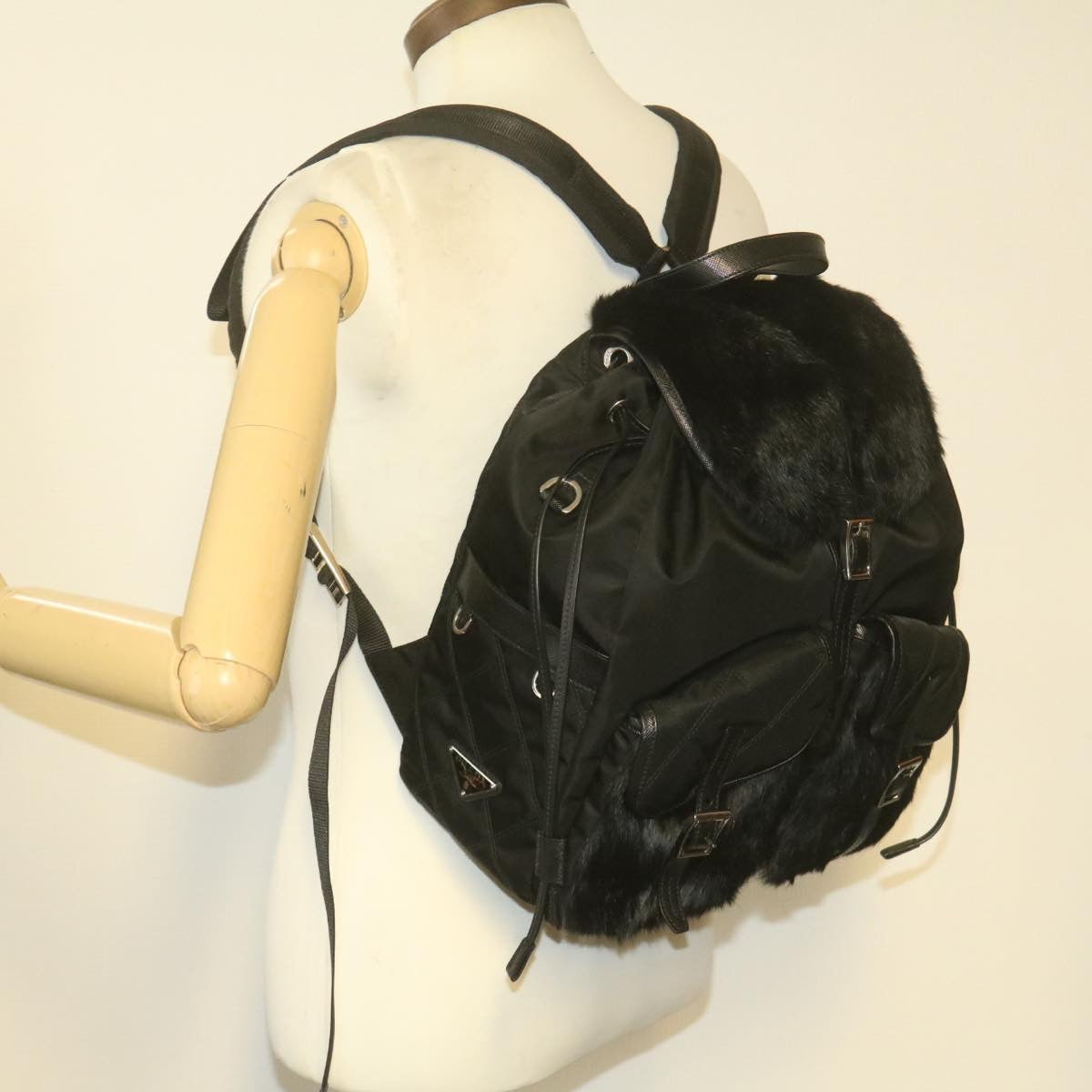 PRADA Nylon Fur Backpack Black 2VZ015  21454A