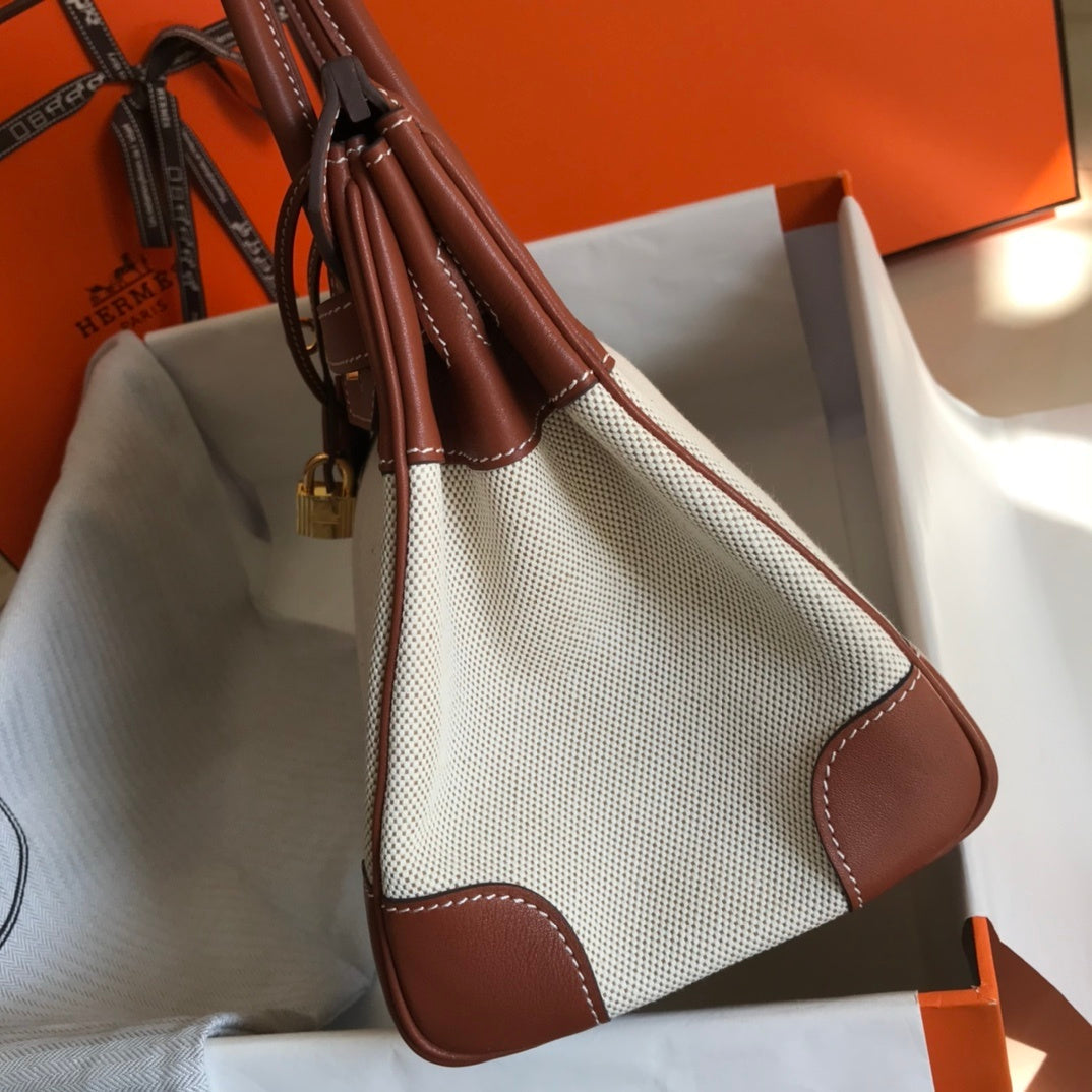 HM Birkin Bag Toile and Brown Barenia with Gold Hardware For Women, Handbags, Shoulder Bags 30cm/12in