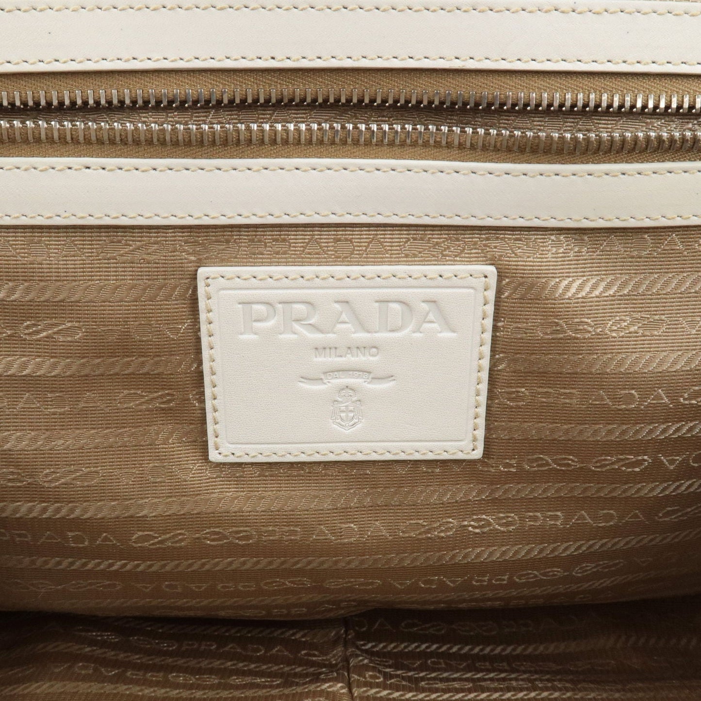 Prada Logo Jacquard Leather Shoulder Bag Hand Bag Beige Ivory