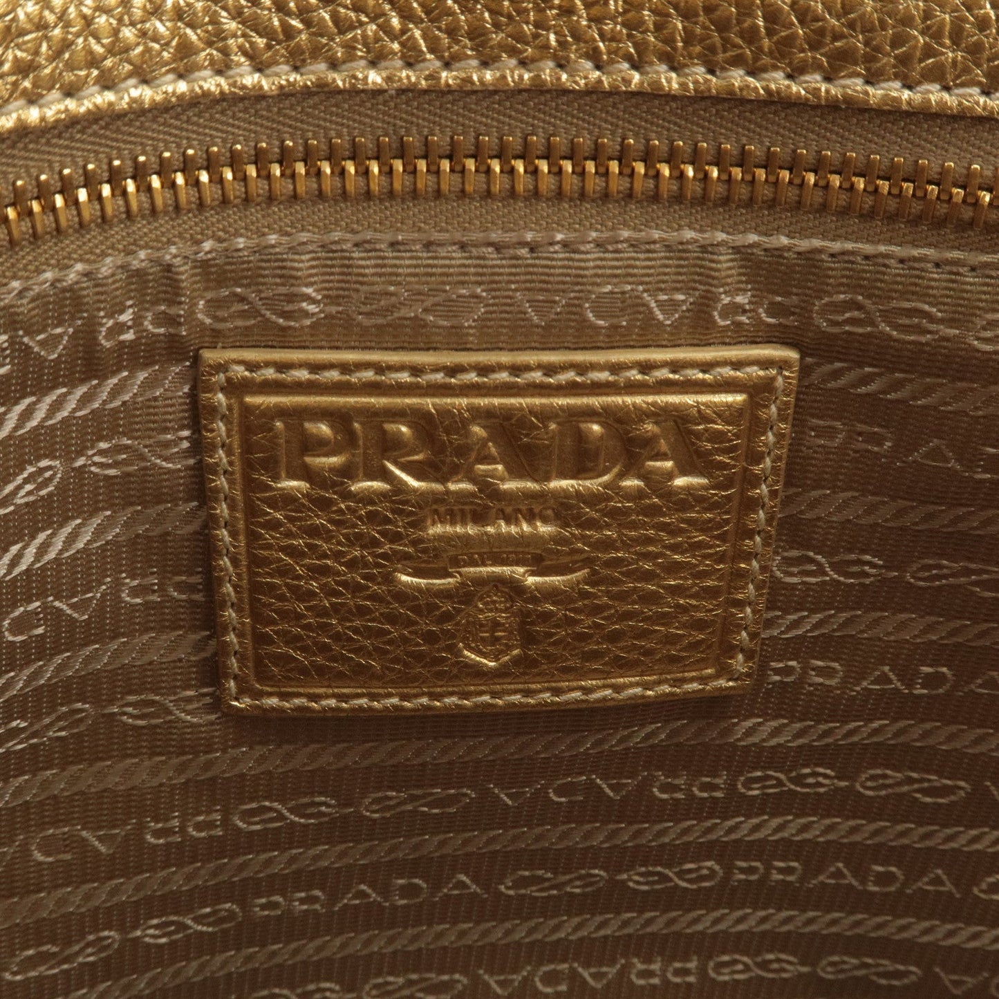 Prada Logo Jacquard Leather 2Way Hand Bag Beige Gold BN1453