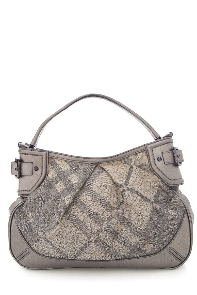 Burberry Silver Fairby Hobo Shimmer Nova Check Canvas Leather Trim Hobo