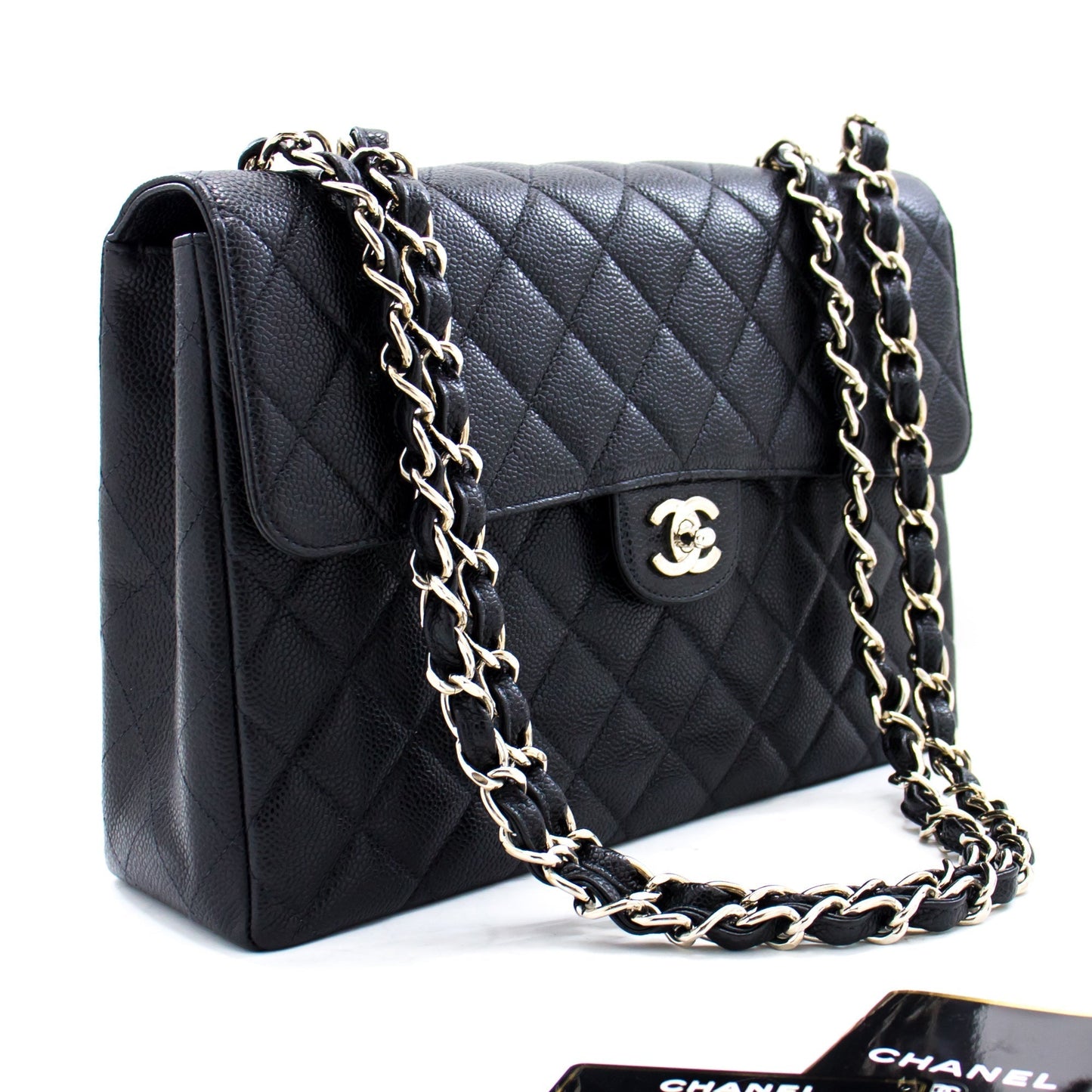 CHANEL Large Classic Handbag Chain Shoulder Bag Flap Black Caviar g66