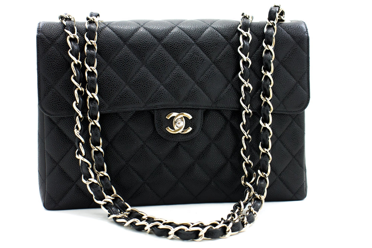 CHANEL Large Classic Handbag Chain Shoulder Bag Flap Black Caviar g66