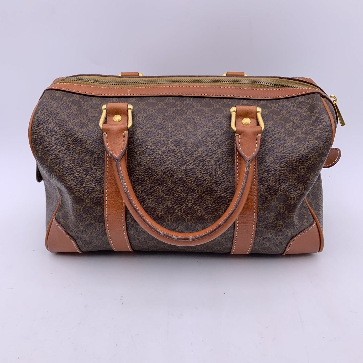 Celine Vintage Brown Macadam Canvas Handbag Boston Bag