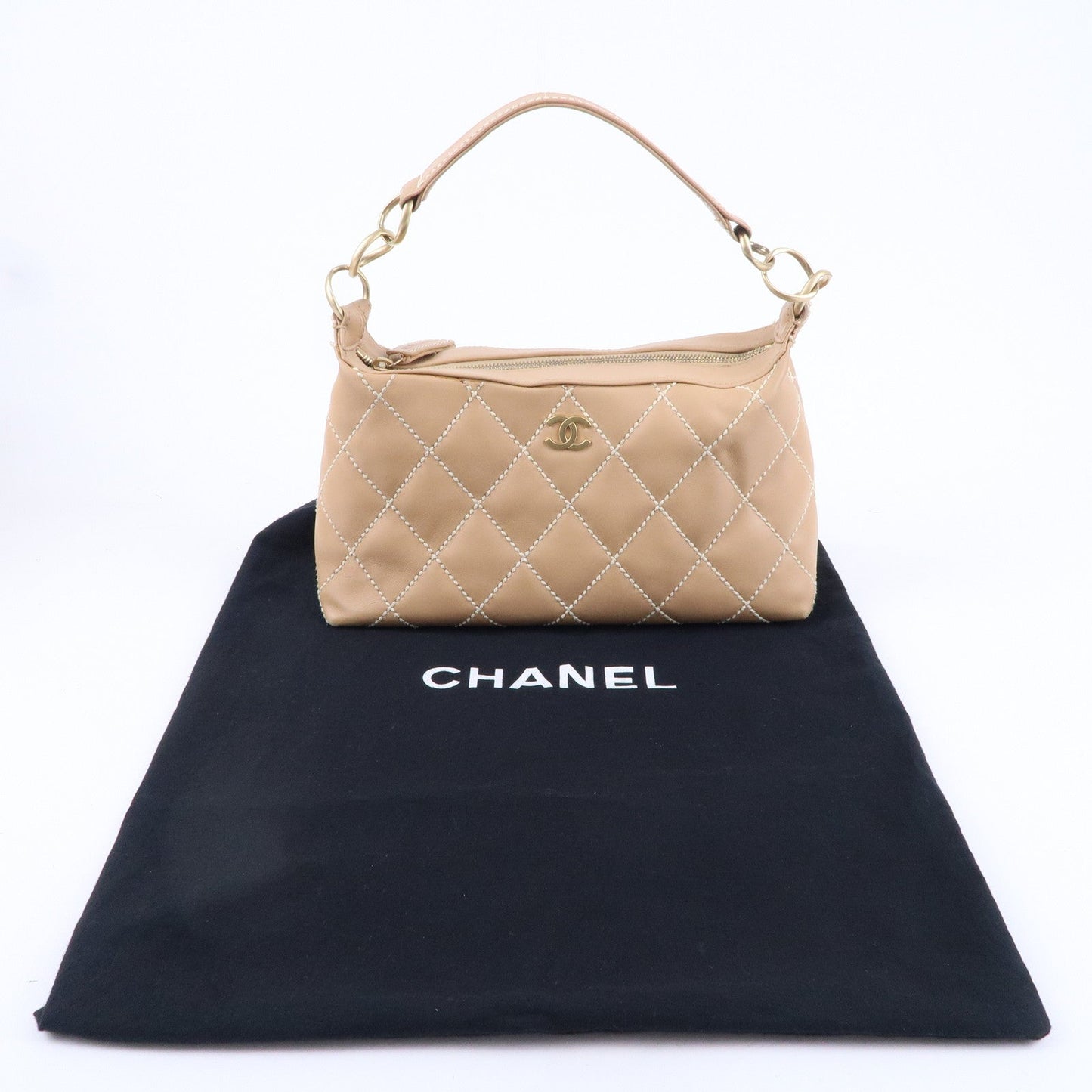 CHANEL Wild Stich Lambskin Shoulder Bag Hand Bag Beige A20663