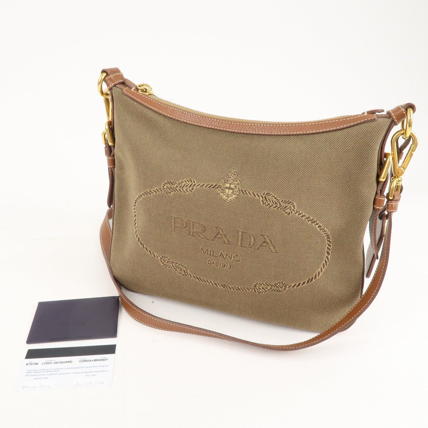 Prada Logo Jacquard Leather Shoulder Bag Beige Brown BT0706