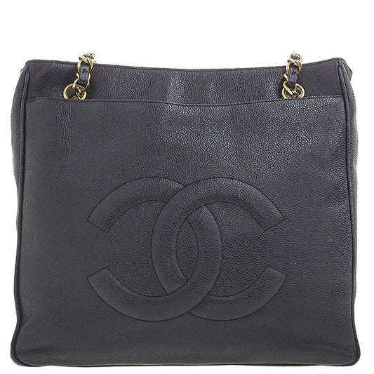 CHANEL Around 1995 Made Caviar Skin Turn-Lock Chain Tote Bag Black