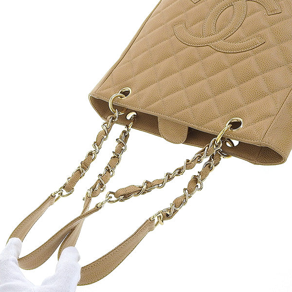 CHANEL Around 2003 Made Caviar Skin Cc Mark Stitch Chain Tote Bag Beige