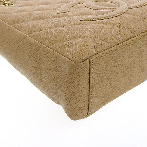 CHANEL Around 2003 Made Caviar Skin Cc Mark Stitch Chain Tote Bag Beige