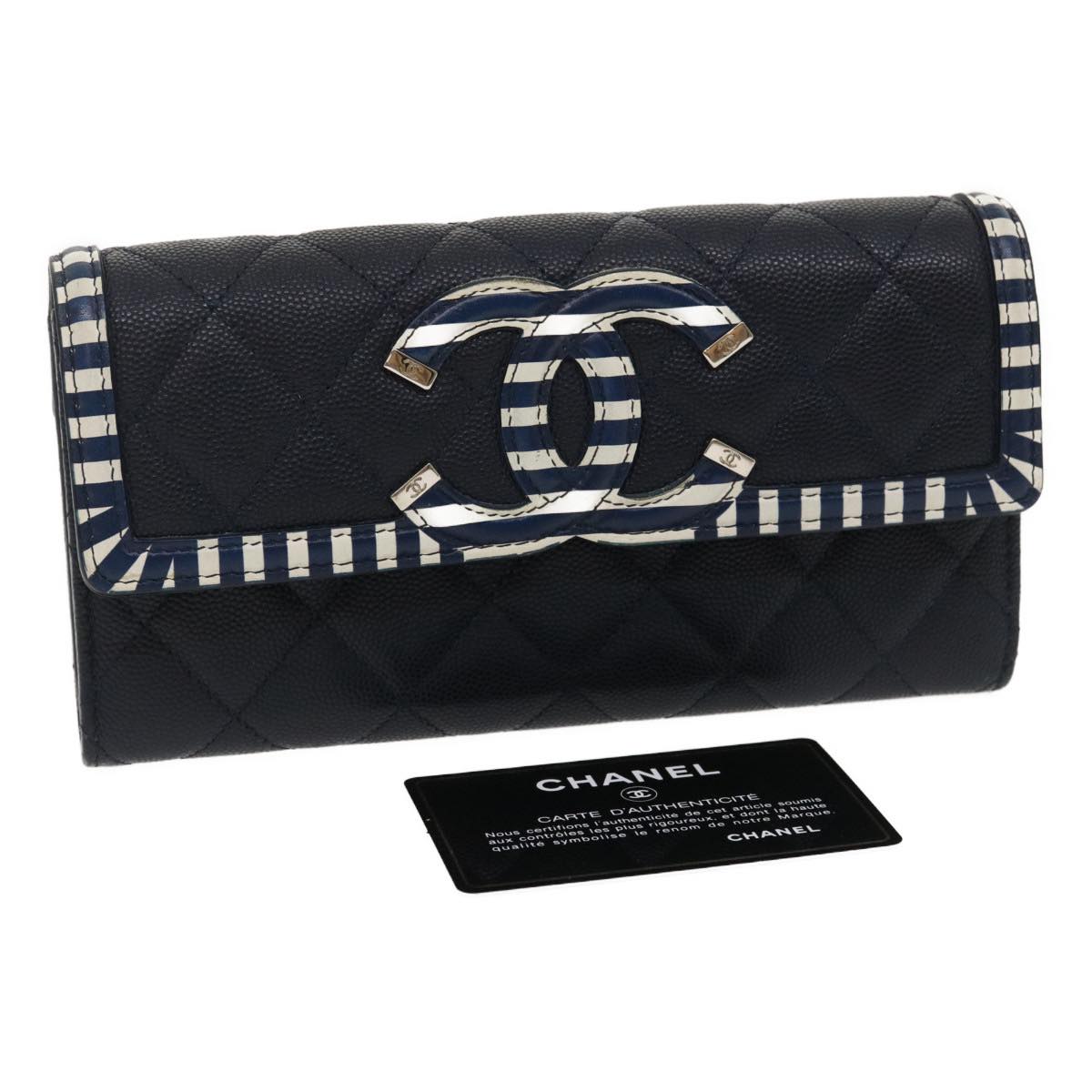 CHANEL Matelasse Cruise Line Long Wallet Caviar Skin Navy CC  29542A