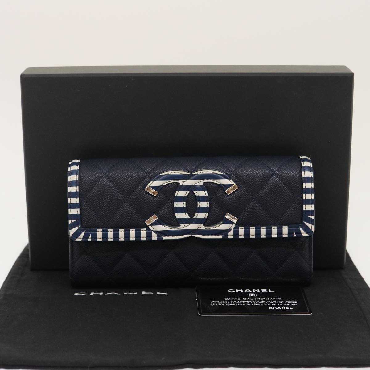 CHANEL Matelasse Cruise Line Long Wallet Caviar Skin Navy CC  29542A