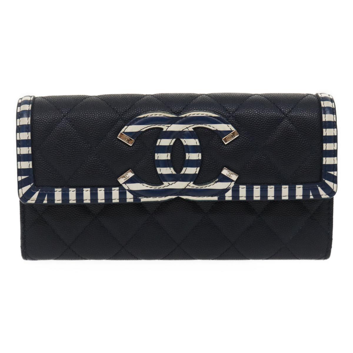 CHANEL Matelasse Cruise Line Long Wallet Caviar Skin Navy CC   29542A