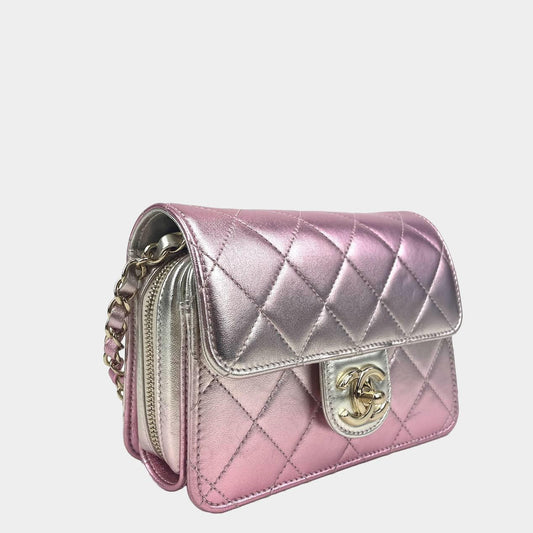 CHANEL Metallic Lambskin Like A Wallet Flap Golden Pink