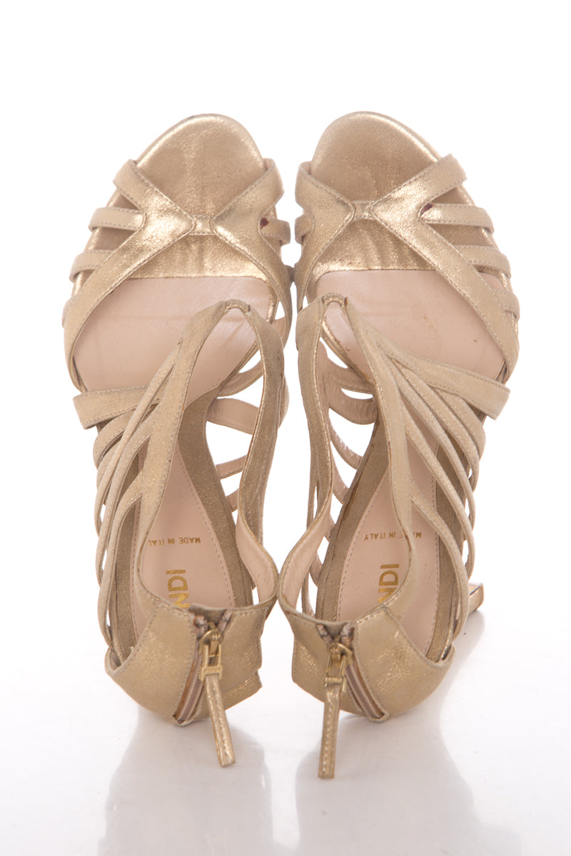 Fendi Gold Caged Peep Toe Heels SZ 40.5