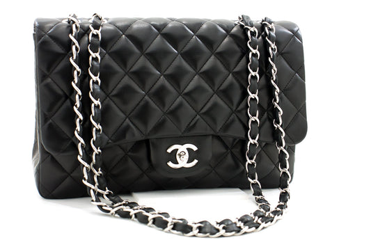 CHANEL Large Classic Handbag 11"Chain Shoulder Bag Flap Black Lamb h44