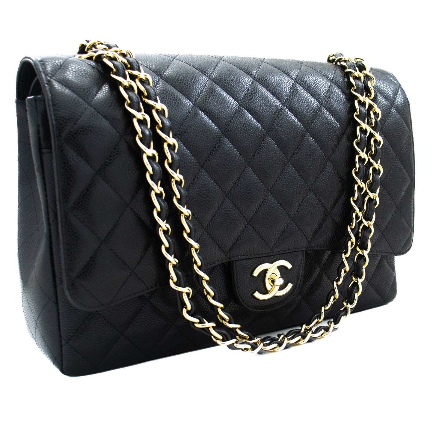 CHANEL Maxi Classic Handbag Grained Calfskin Double Flap Chain Shoulder Bag j17