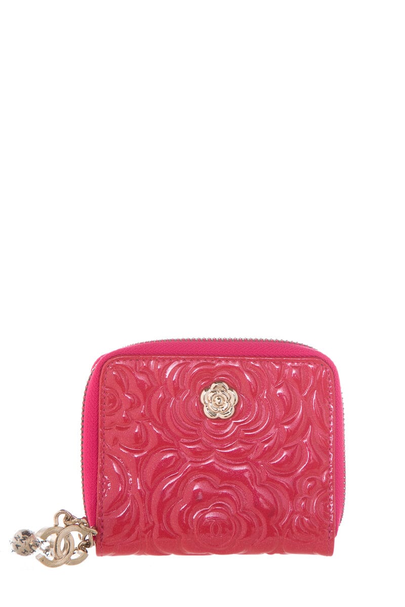 Chanel Pink Camellia Embossed Patent Leather Wallet