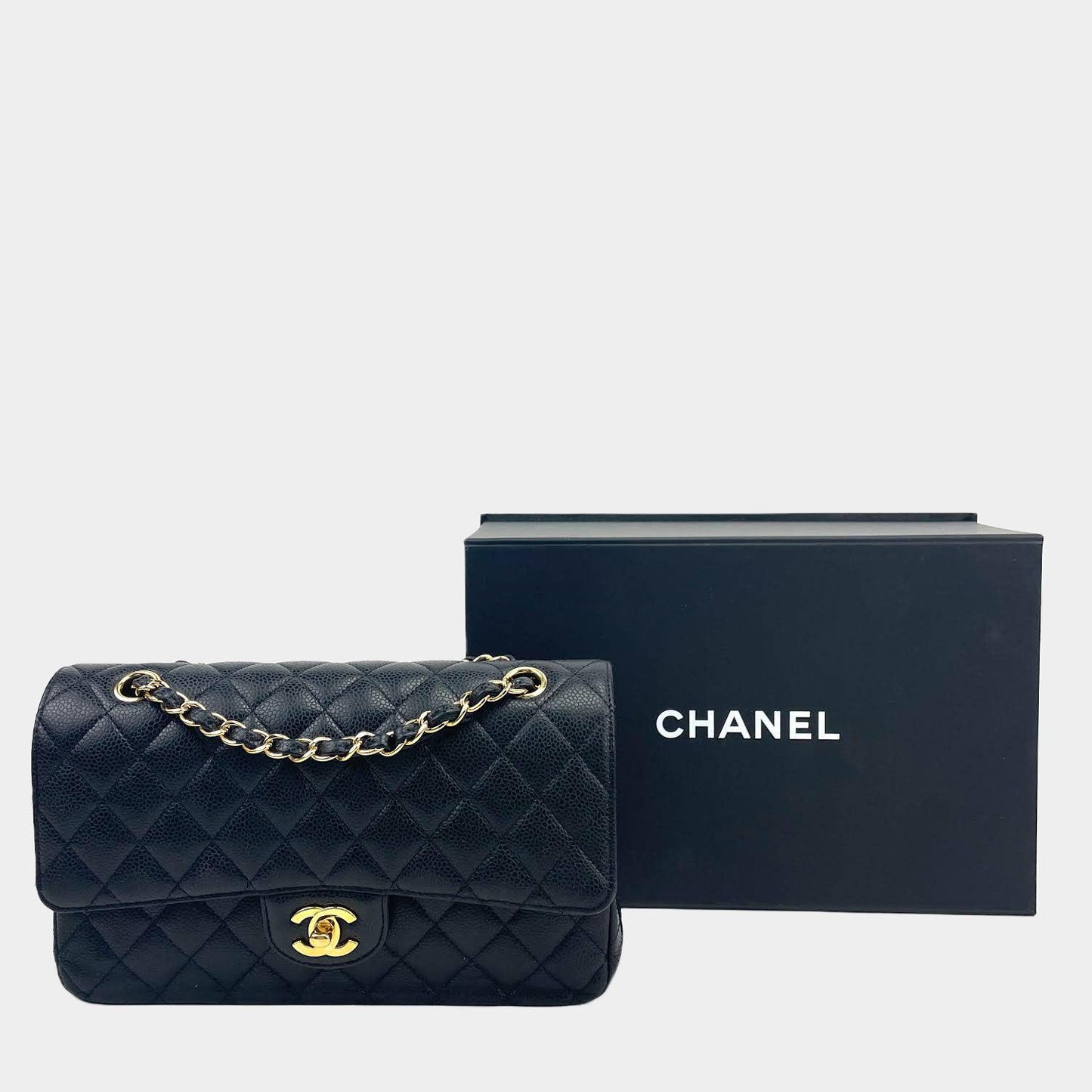 CHANEL Medium Double Flap Caviar Black w/Gold