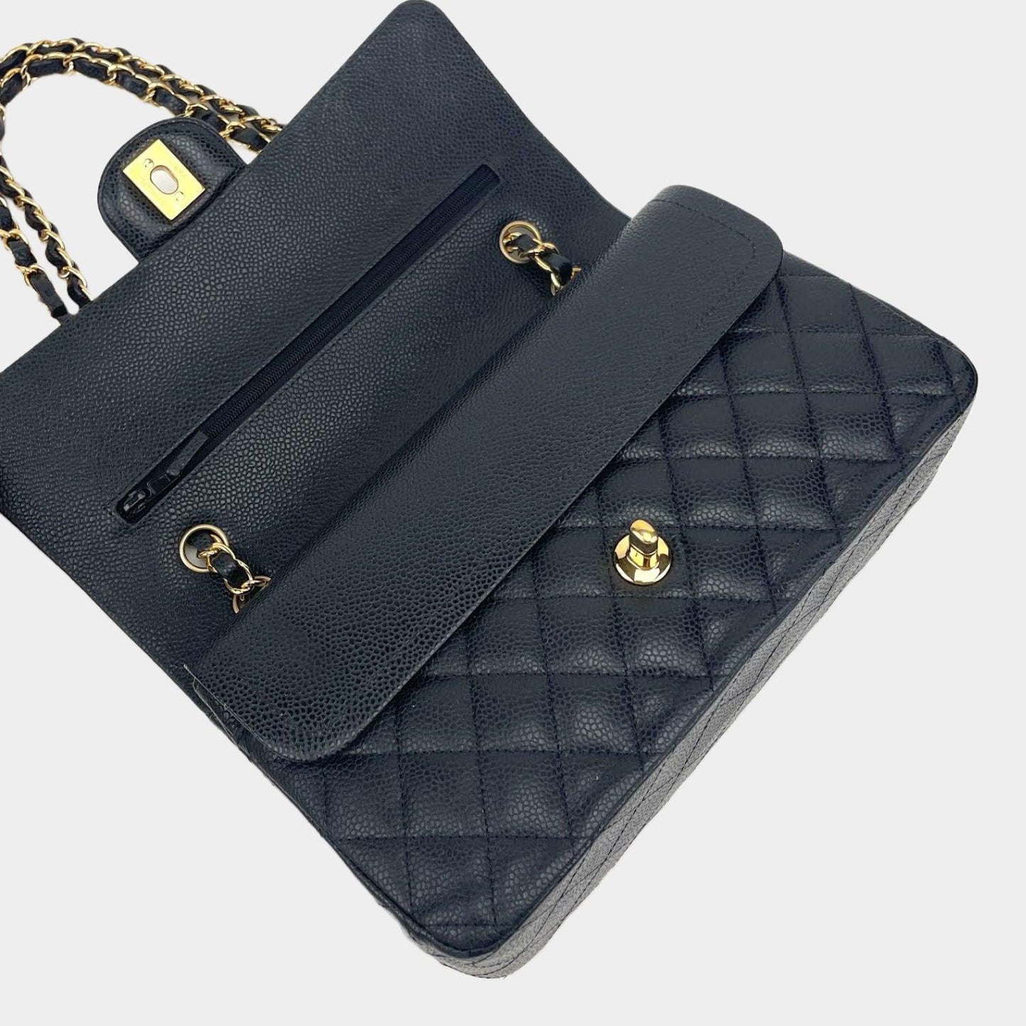 CHANEL Medium Double Flap Caviar Black w/Gold