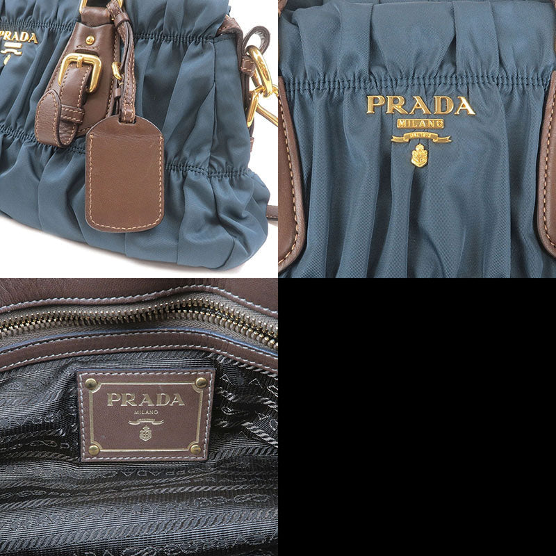 Prada Gather Nylon Leather 2Way Bag Hand Bag Blue Brown