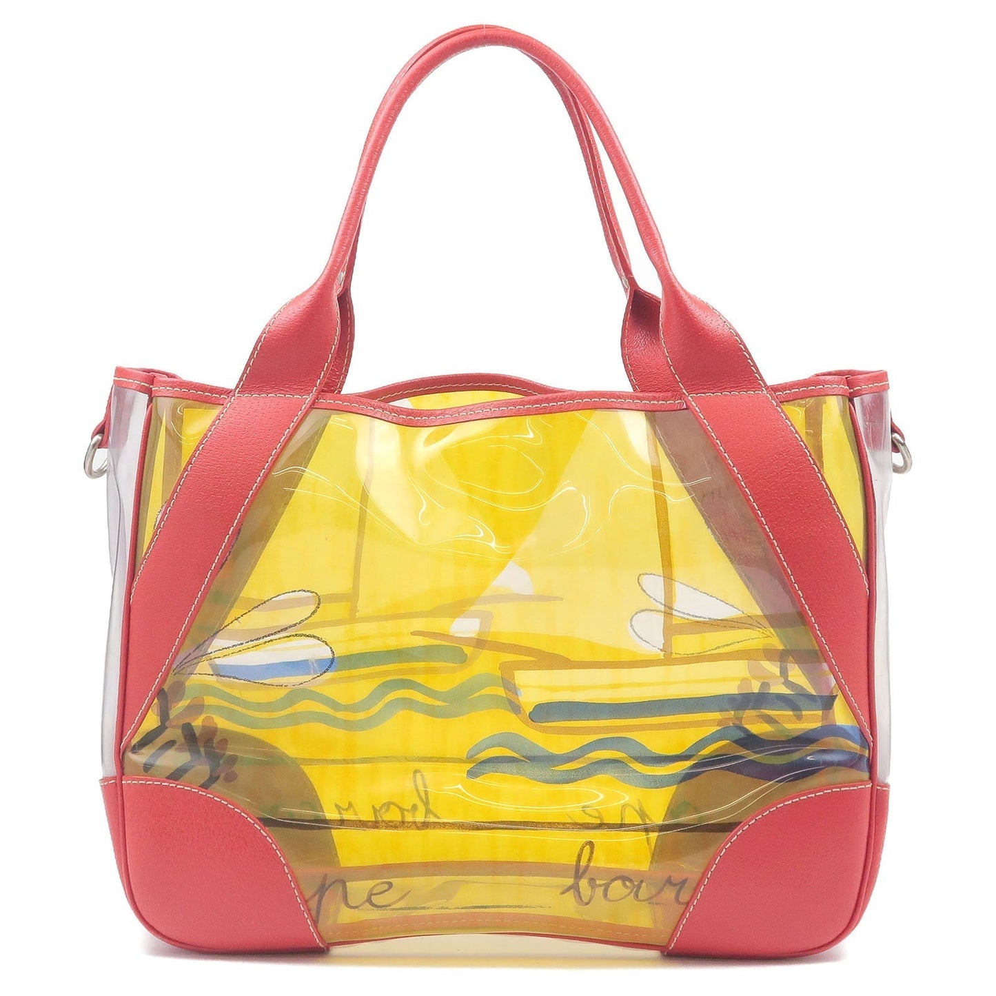 Prada Vinyl Leather Print Tote Bag Beach Bag Clear Red