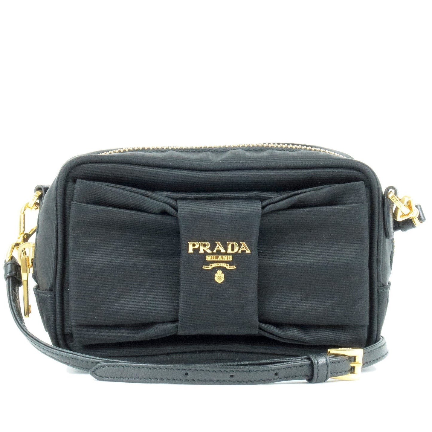 Prada Logo Nylon Leather Ribbon Shoulder Bag Pouch NERO Black