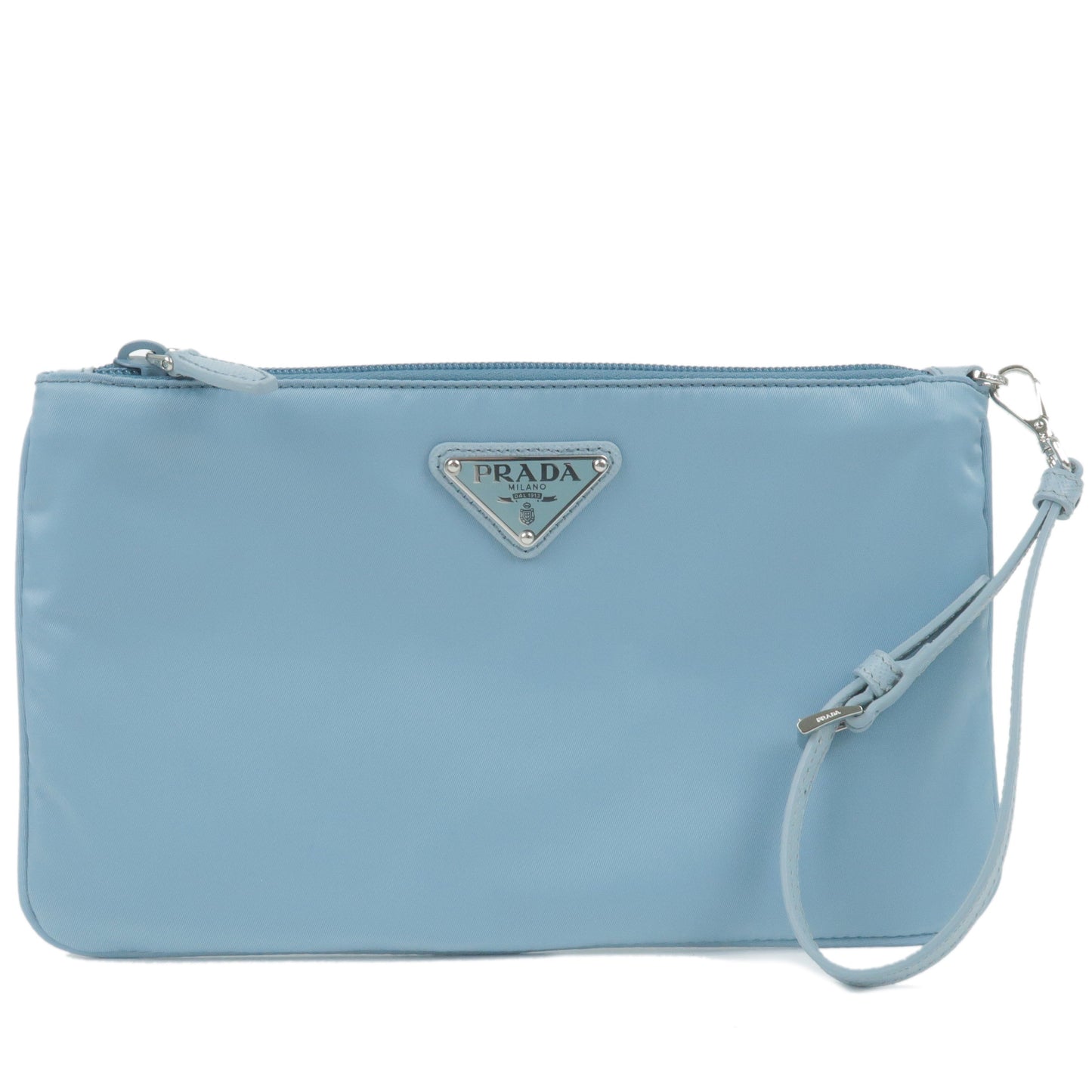 Prada Logo Nylon Leather Clutch Bag Pouch LAGO Light Blue 1NH545