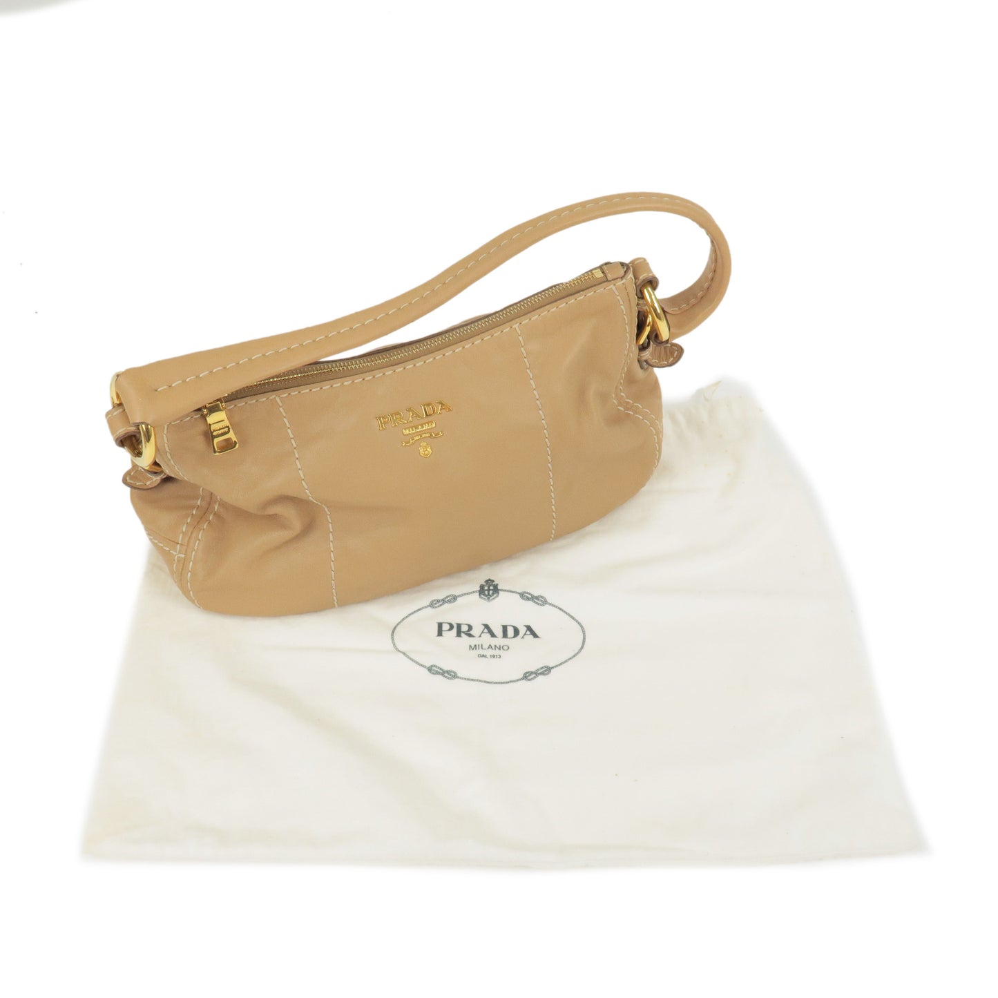 Prada Logo Leather Shoulder Bag Hand Bag Beige