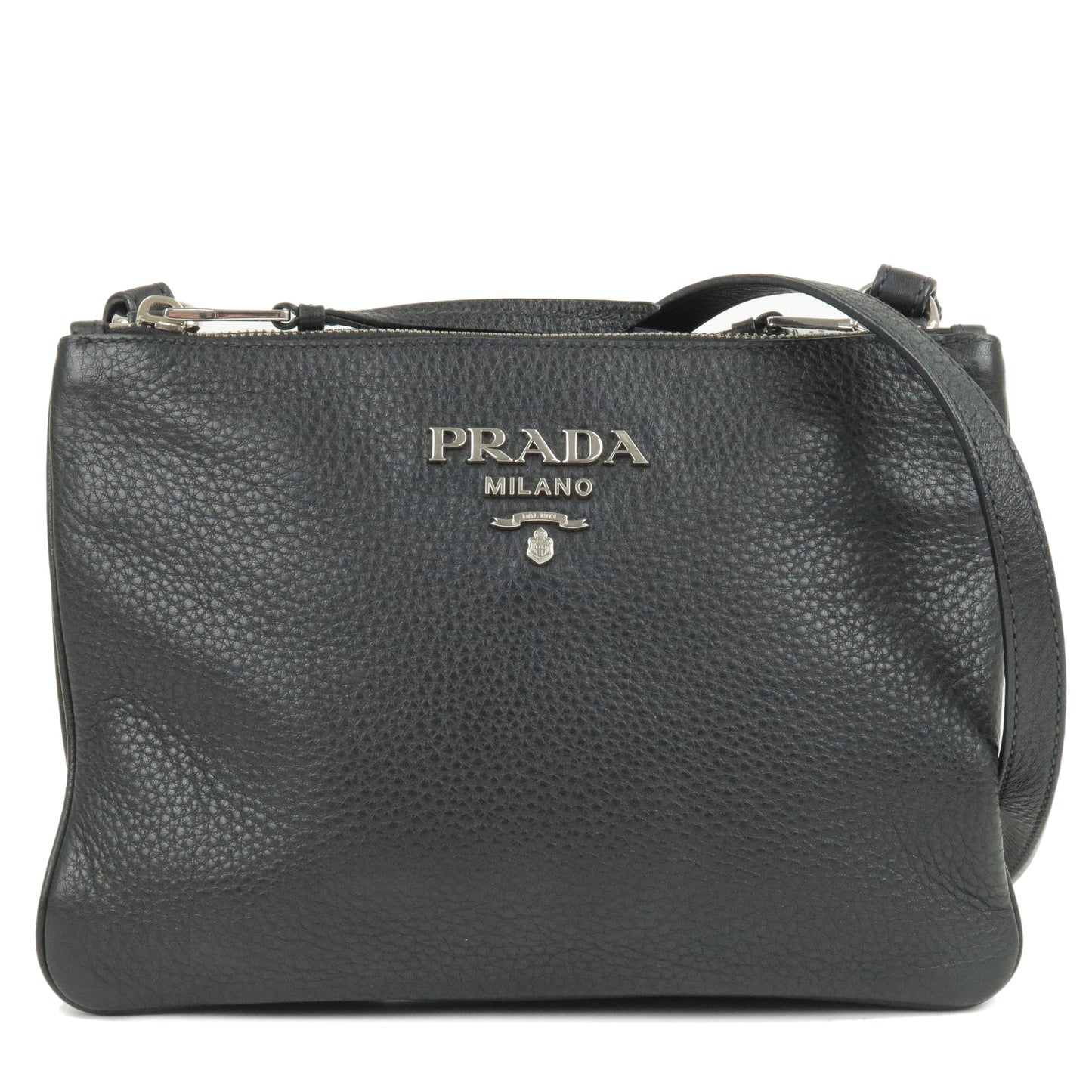 Prada Logo Leather Shoulder Bag Silver Hardware Black 1BH046