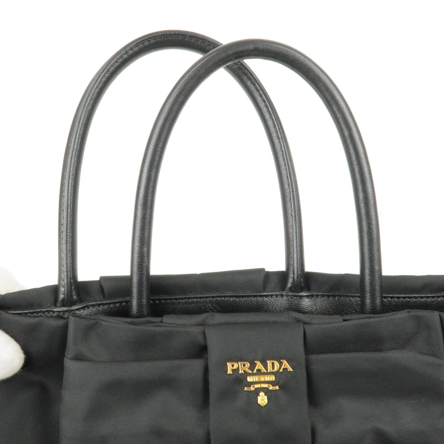 Prada Logo Nylon Leather Ribbon Tote Bag Black NERO BN1601