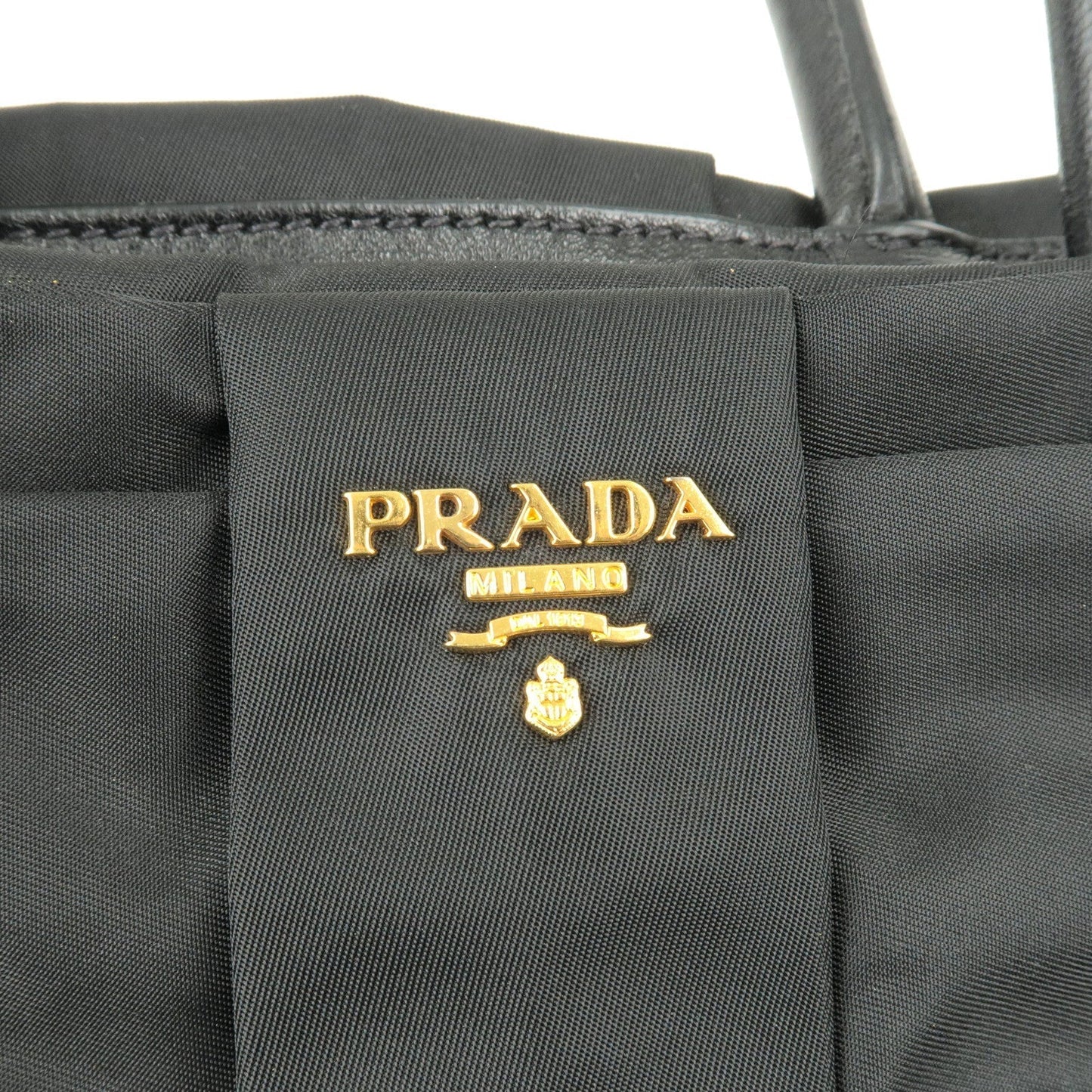 Prada Logo Nylon Leather Ribbon Tote Bag Black NERO BN1601