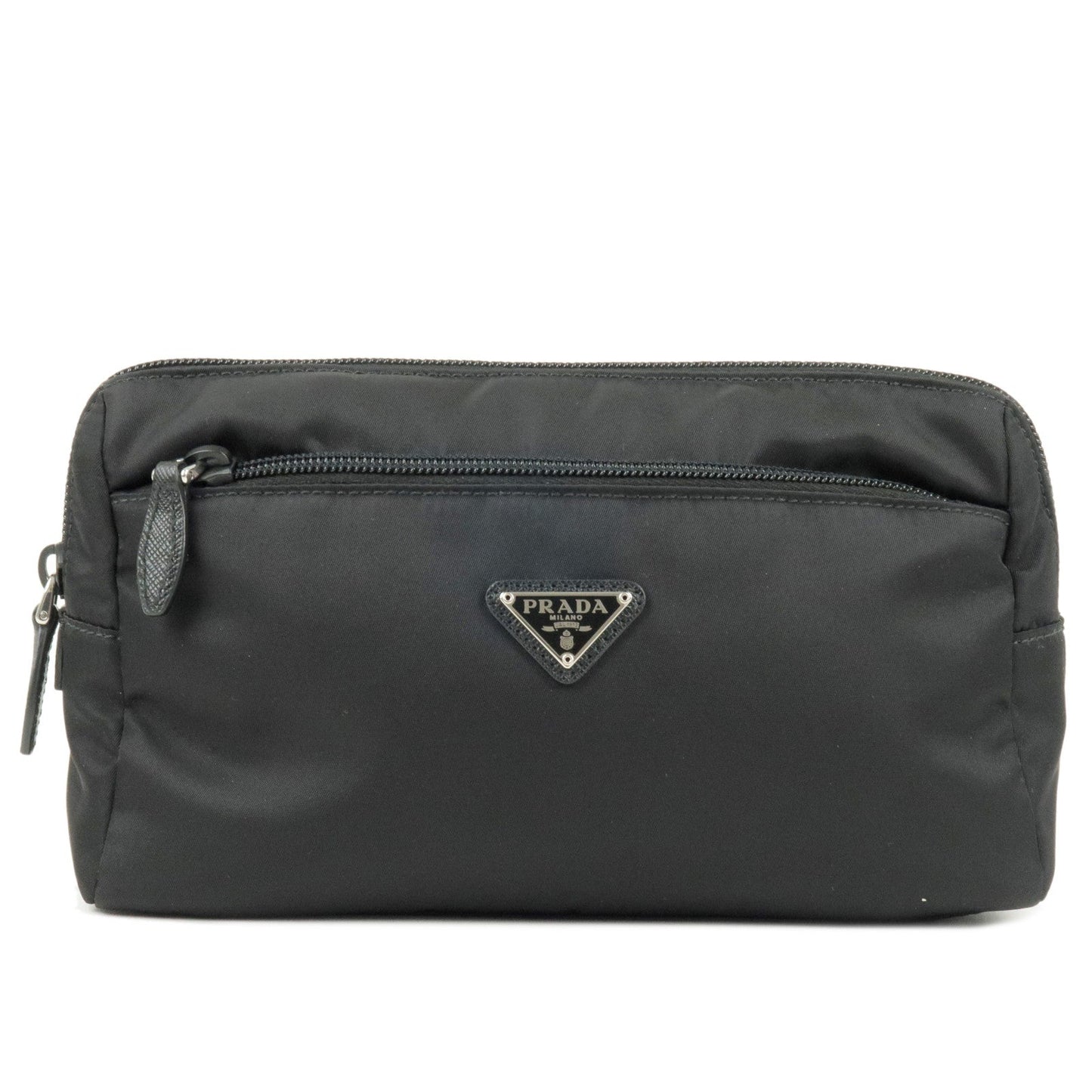 Prada Logo Nylon Leather Pouch Clutch Bag NERO Black 1NA015