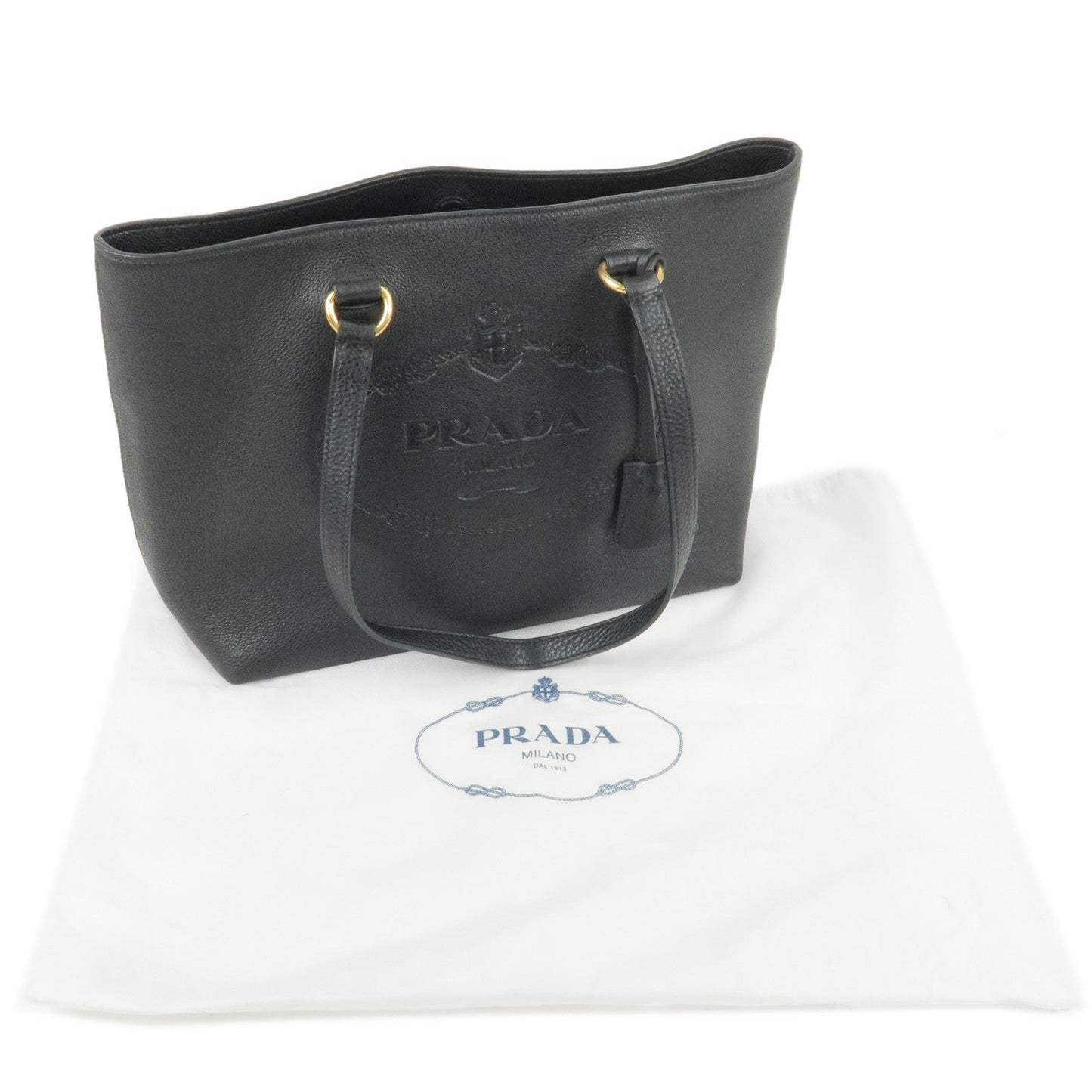 Prada Logo Leather Tote Bag Shoulder Bag NERO Black 1BG100