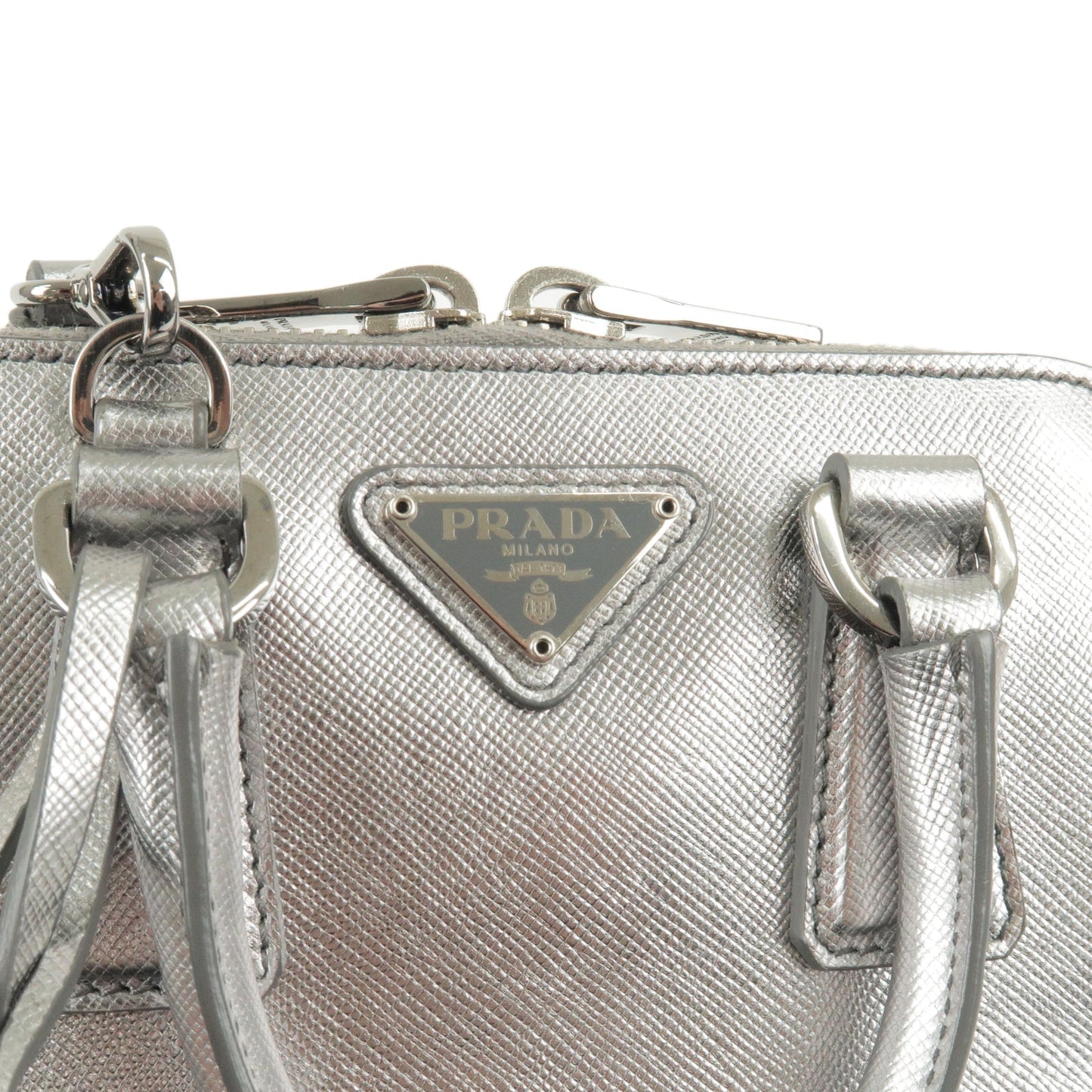 Prada Leather Mini Promenade 2Way Bag Hand Bag Silver 1BH851