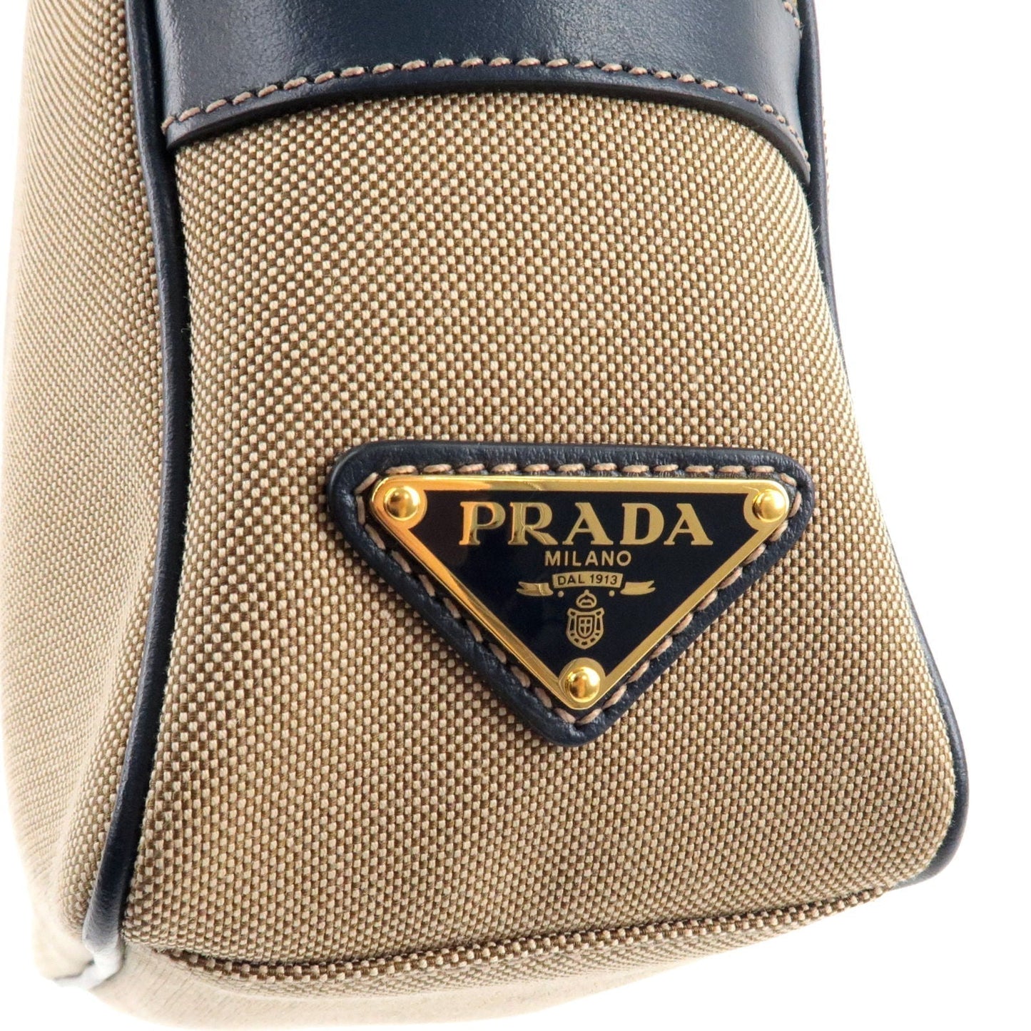 Prada Logo Jacquard Leather Shoulder Bag Beige Navy 1BH089