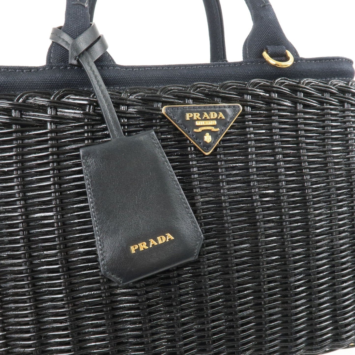 Prada Wicker Canvas 2Way Basket Bag Hand Bag Black 1BG835