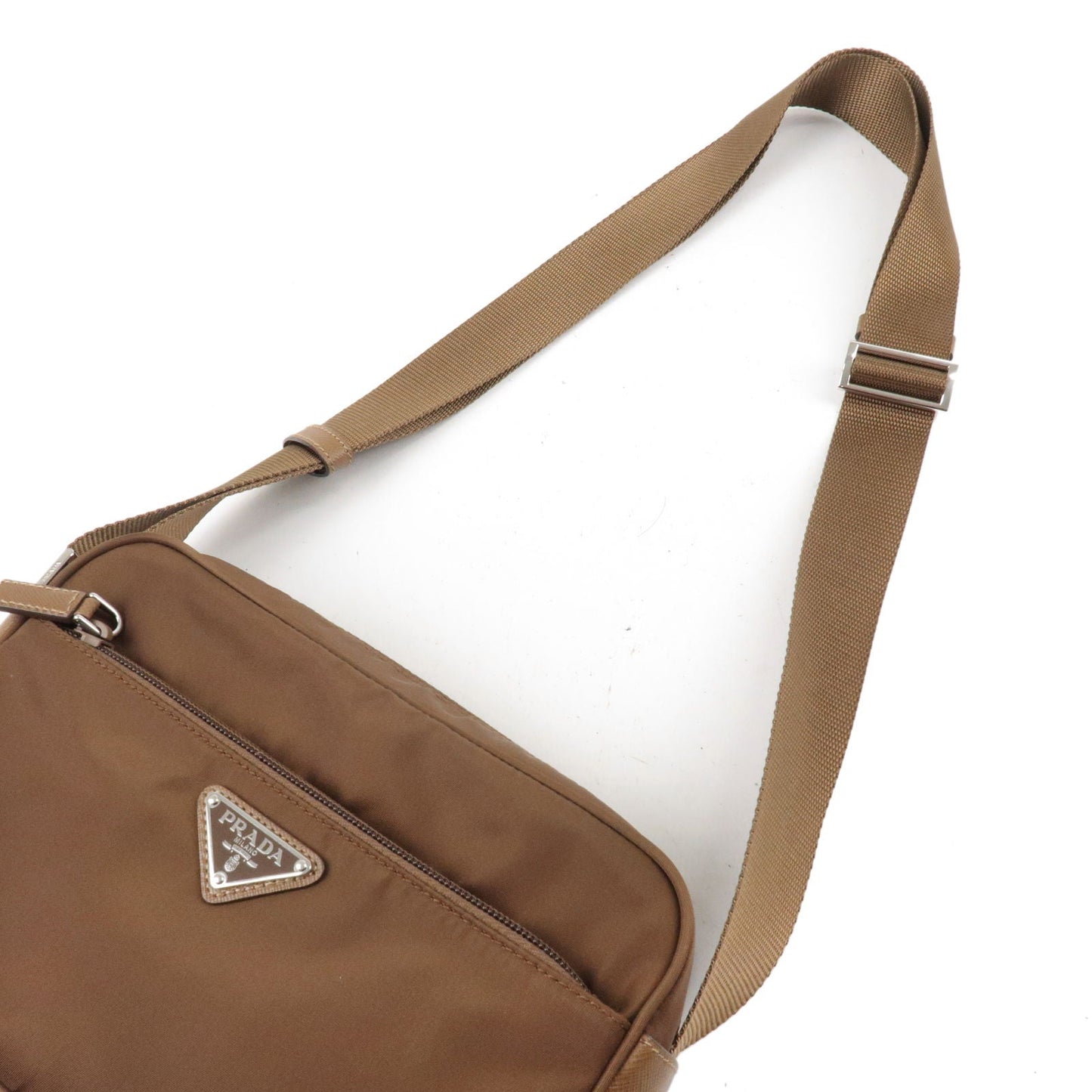 Prada Logo Nylon Leather Shoulder Bag Crossbody Bag Brown 1BC167