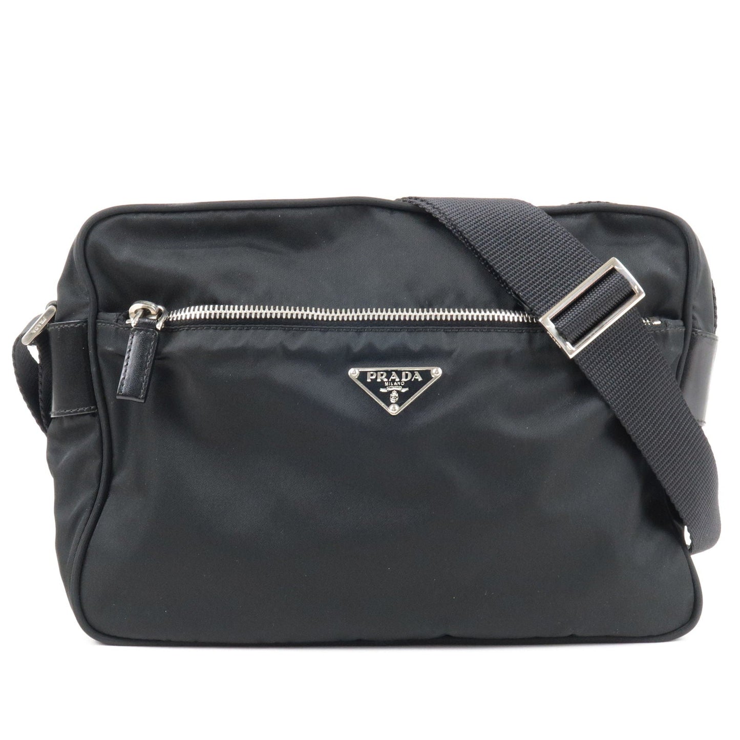 Prada Logo Nylon Leather Crossbody Shoulder Bag Black